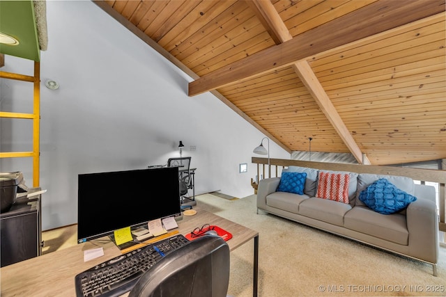 carpeted living room featuring lofted ceiling with beams and wooden ceiling