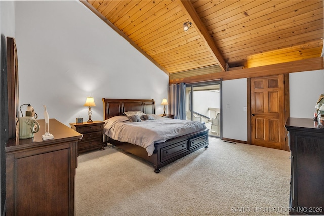 bedroom featuring beamed ceiling, high vaulted ceiling, light colored carpet, wood ceiling, and access to exterior