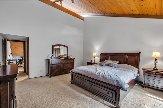 bedroom featuring light carpet and wooden ceiling