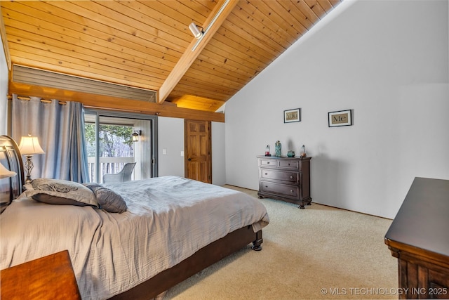 bedroom with lofted ceiling with beams, wood ceiling, carpet flooring, and access to outside