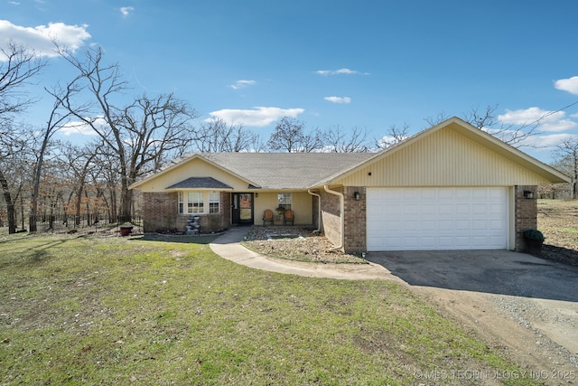 view of front of home with roof with shingles, an attached garage, a front lawn, aphalt driveway, and brick siding