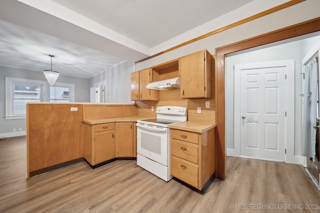 kitchen featuring white electric range oven, a peninsula, light countertops, under cabinet range hood, and a notable chandelier