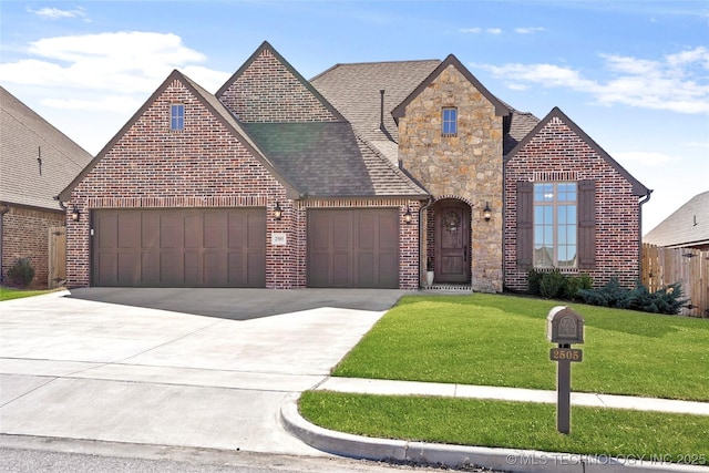 view of front of home featuring driveway, a front lawn, stone siding, a garage, and brick siding