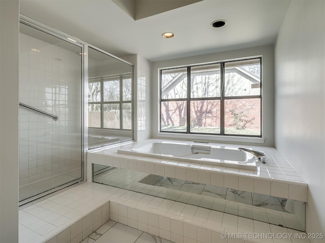 full bathroom with a shower with door, recessed lighting, and a garden tub