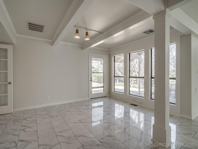 empty room with beam ceiling, visible vents, marble finish floor, and baseboards