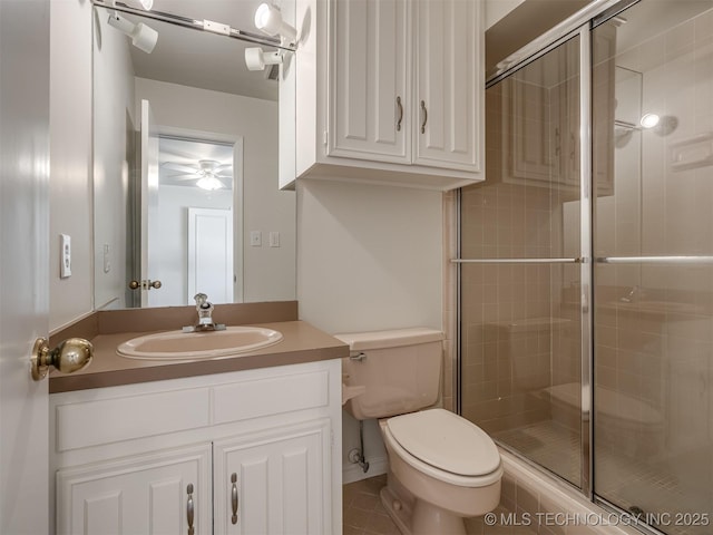 full bathroom with vanity, a shower stall, toilet, and tile patterned floors