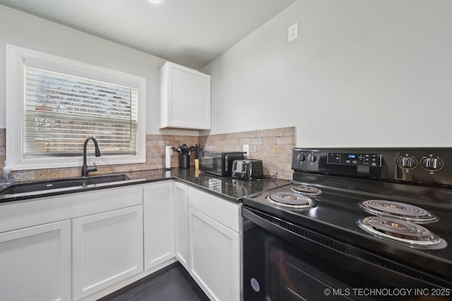 kitchen featuring white cabinetry, black appliances, decorative backsplash, and a sink