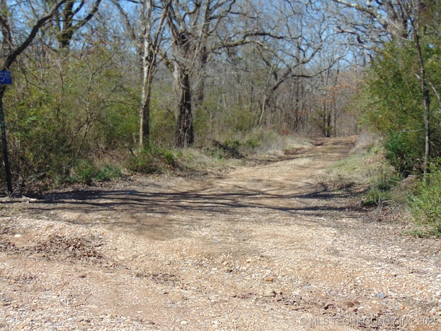 view of street featuring a forest view