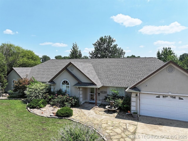 ranch-style house featuring stucco siding, concrete driveway, a garage, and roof with shingles