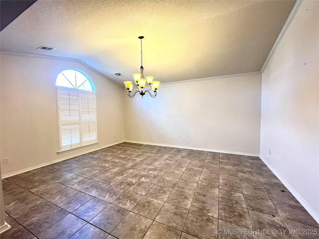 tiled empty room with visible vents, vaulted ceiling, a textured ceiling, crown molding, and a notable chandelier