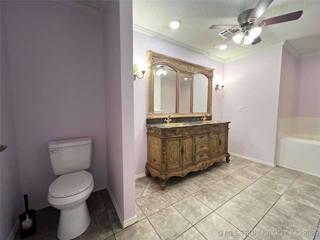 full bathroom with visible vents, toilet, a sink, a textured ceiling, and crown molding