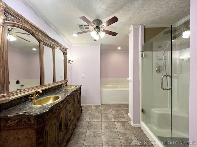 full bathroom with ornamental molding, a sink, a textured ceiling, a shower stall, and a bath