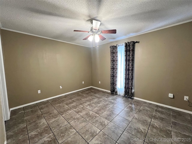 tiled spare room featuring ceiling fan, baseboards, a textured ceiling, and ornamental molding