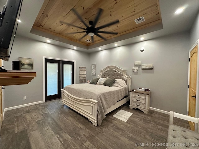 bedroom featuring visible vents, a raised ceiling, and wood ceiling