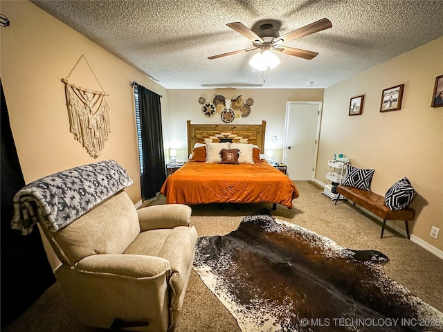 bedroom with baseboards, carpet flooring, a textured ceiling, and ceiling fan