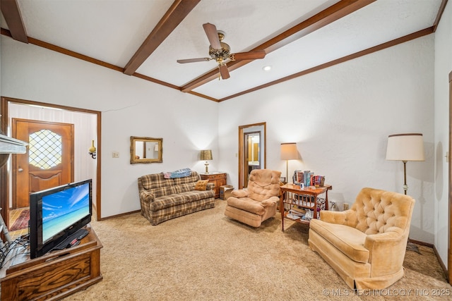 carpeted living area with vaulted ceiling with beams, baseboards, and ceiling fan