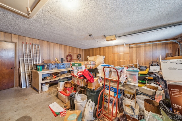 garage featuring wood walls