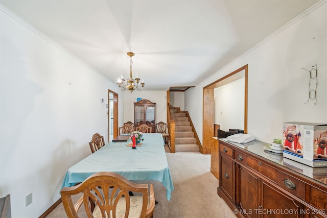 dining space featuring a chandelier, stairway, light colored carpet, and crown molding