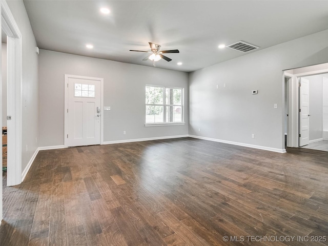 unfurnished living room featuring recessed lighting, visible vents, dark wood-style flooring, and ceiling fan