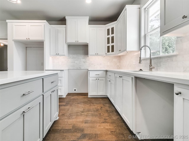 kitchen with a sink, glass insert cabinets, dark wood finished floors, white cabinets, and decorative backsplash