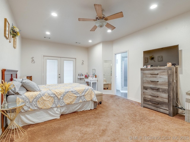 bedroom featuring ceiling fan, recessed lighting, french doors, carpet floors, and access to exterior