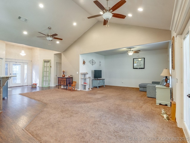 living room with visible vents, recessed lighting, high vaulted ceiling, and ceiling fan