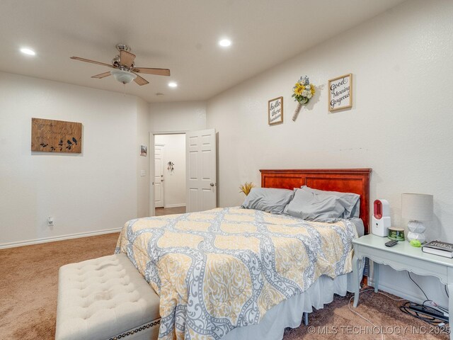 bedroom featuring recessed lighting, baseboards, a ceiling fan, and carpet floors