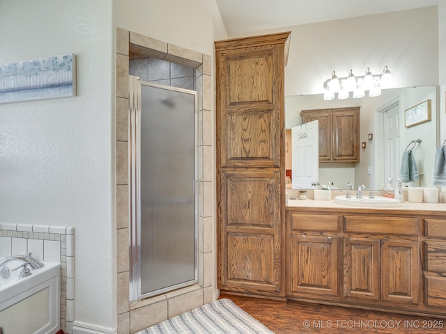 full bathroom featuring vanity, a shower stall, radiator heating unit, and a garden tub