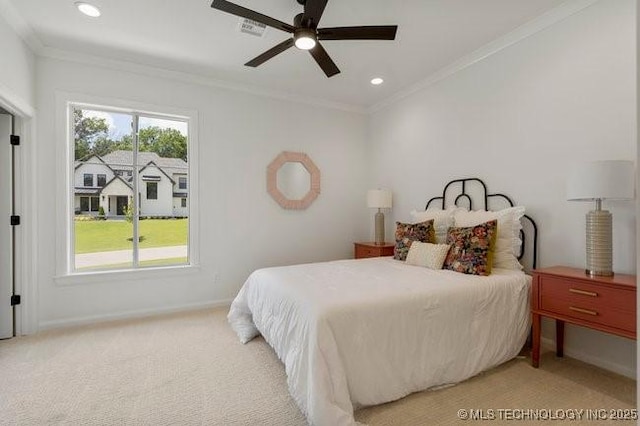 bedroom with carpet flooring, recessed lighting, baseboards, and ornamental molding