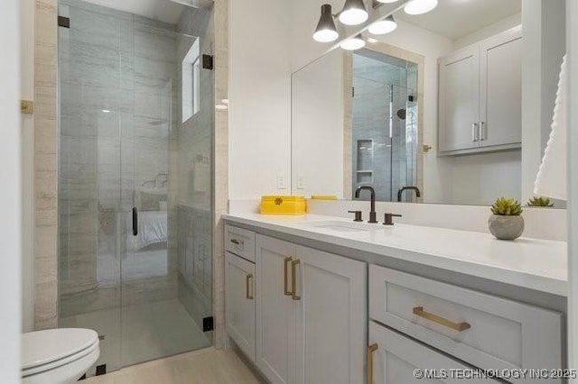 bathroom featuring a shower stall, vanity, and toilet