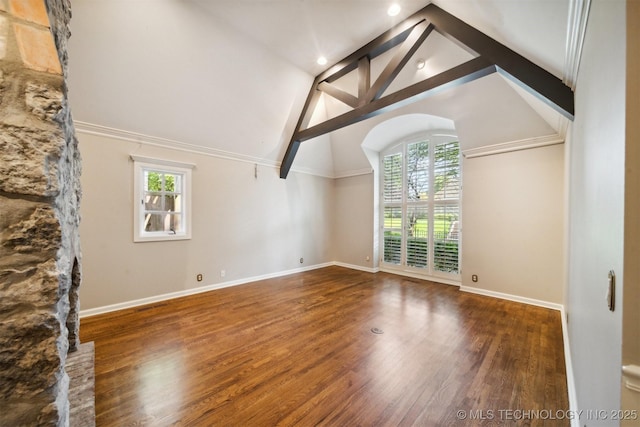 interior space with beam ceiling, high vaulted ceiling, wood finished floors, recessed lighting, and baseboards