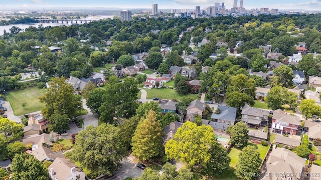 birds eye view of property featuring a residential view, a water view, and a city view