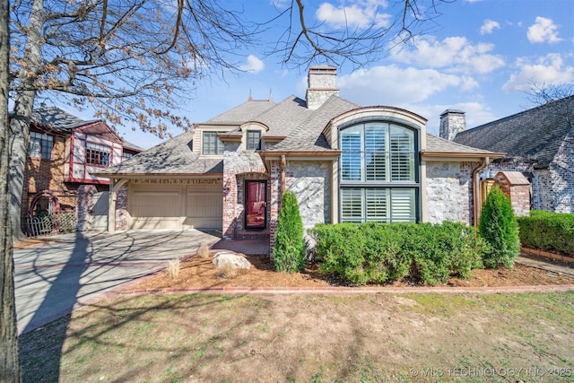 french provincial home with concrete driveway, an attached garage, stone siding, and a chimney