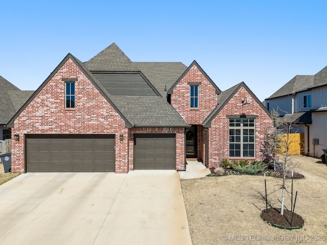 view of front of house featuring brick siding, a garage, driveway, and roof with shingles