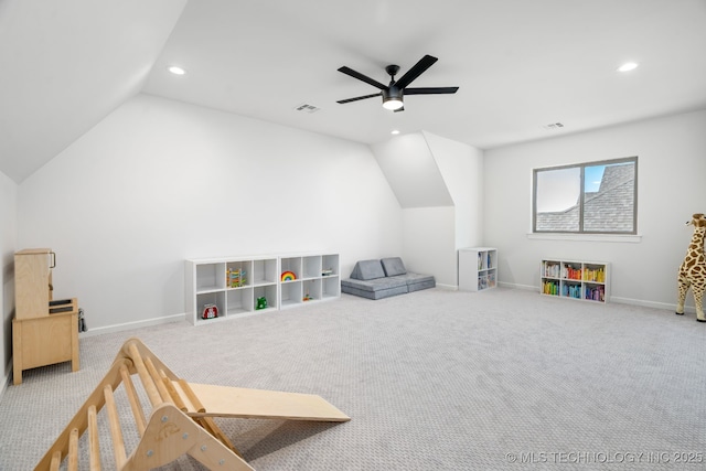 game room with recessed lighting, visible vents, lofted ceiling, and carpet floors