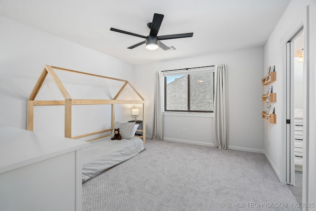 bedroom with baseboards, carpet floors, and ceiling fan