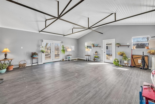 interior space with wood finished floors, baseboards, and high vaulted ceiling