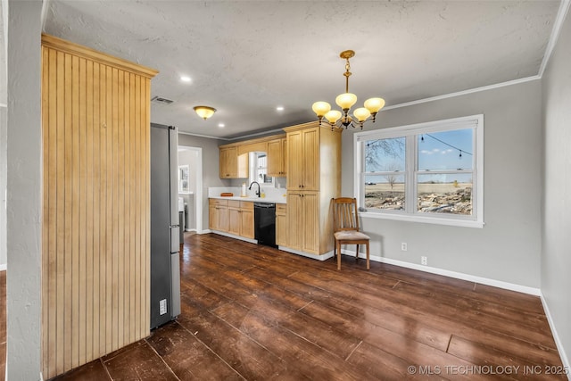 kitchen with baseboards, dark wood finished floors, freestanding refrigerator, dishwasher, and a notable chandelier