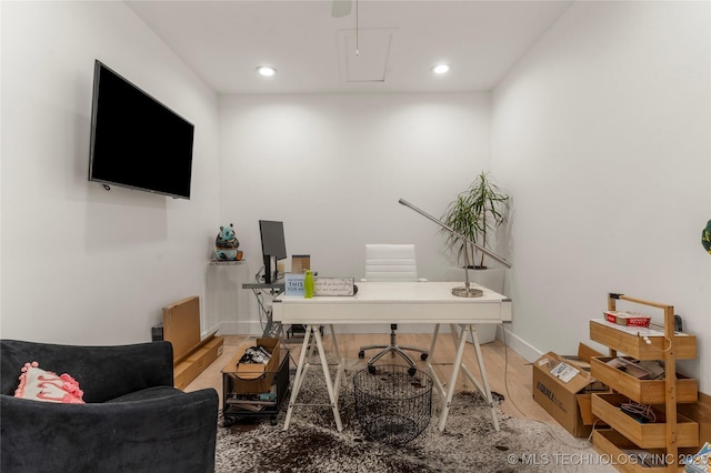 home office featuring attic access, recessed lighting, wood finished floors, and baseboards