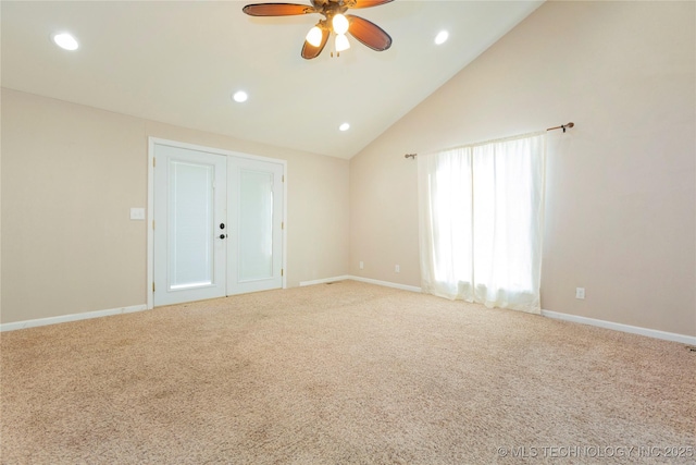 unfurnished room with recessed lighting, baseboards, carpet, and a ceiling fan