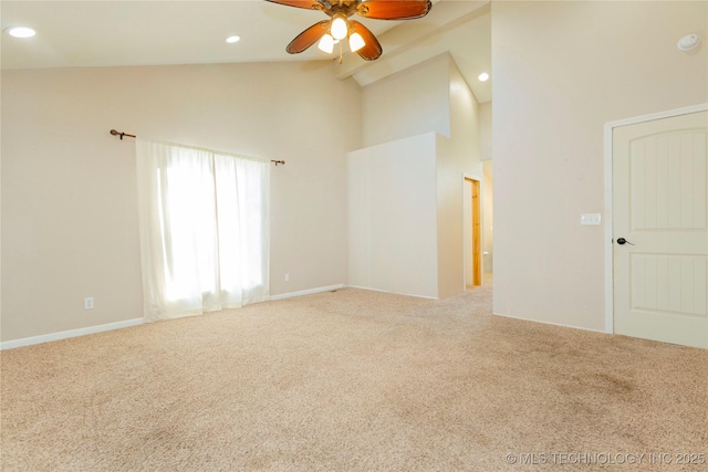 unfurnished room with recessed lighting, carpet floors, high vaulted ceiling, and a ceiling fan