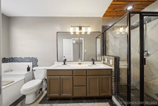 bathroom with a stall shower, toilet, and a sink