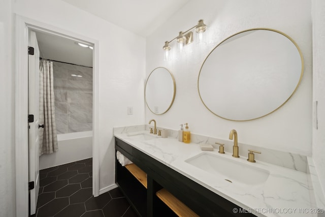 bathroom featuring tile patterned floors, double vanity, shower / bathtub combination with curtain, and a sink