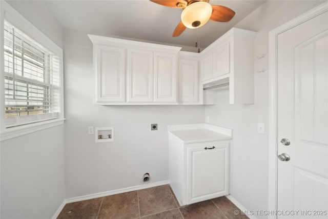 laundry area featuring baseboards, ceiling fan, hookup for a washing machine, cabinet space, and hookup for an electric dryer