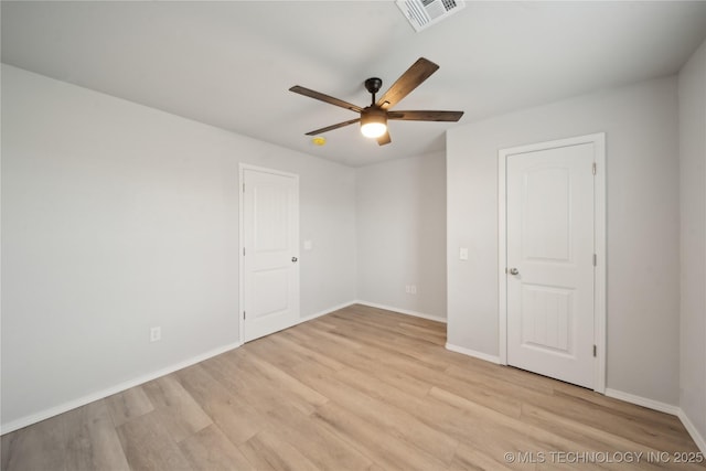 unfurnished room featuring visible vents, baseboards, a ceiling fan, and light wood finished floors