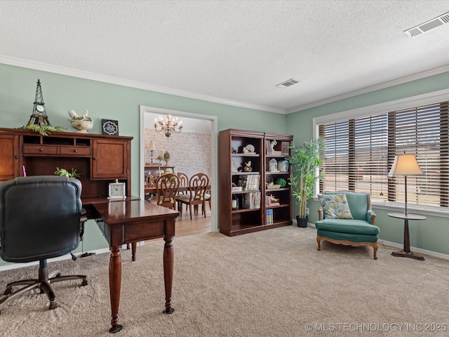 carpeted office featuring visible vents, a textured ceiling, crown molding, and an inviting chandelier