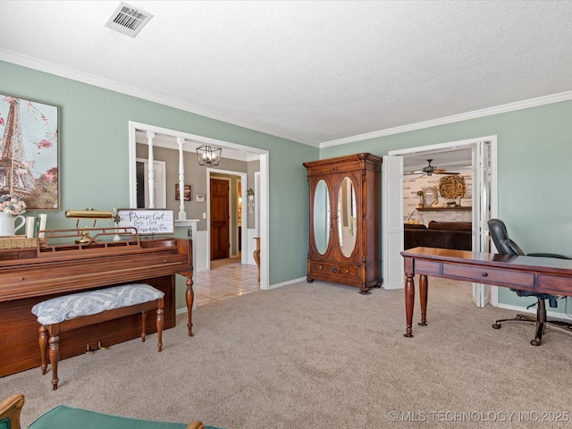 carpeted home office with visible vents, crown molding, baseboards, a chandelier, and a textured ceiling