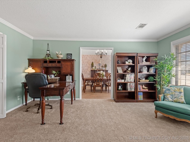 carpeted office space with visible vents, a notable chandelier, a textured ceiling, crown molding, and baseboards