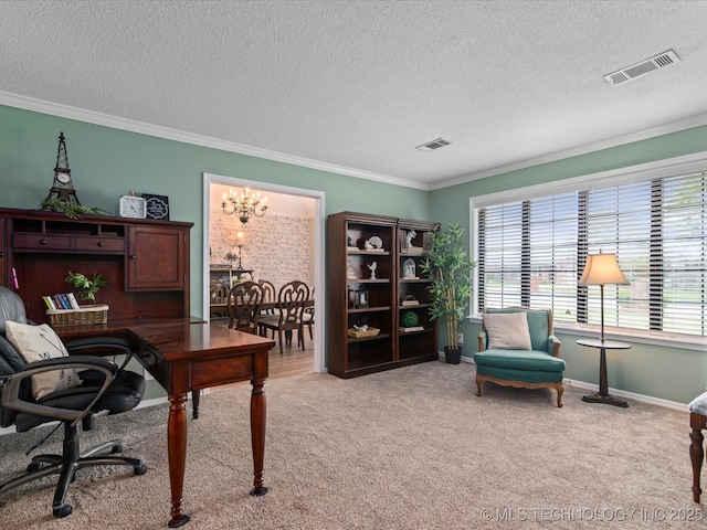 home office featuring crown molding, light carpet, a textured ceiling, and visible vents
