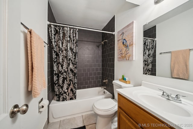 full bathroom with tile patterned floors, shower / bathtub combination with curtain, toilet, and vanity